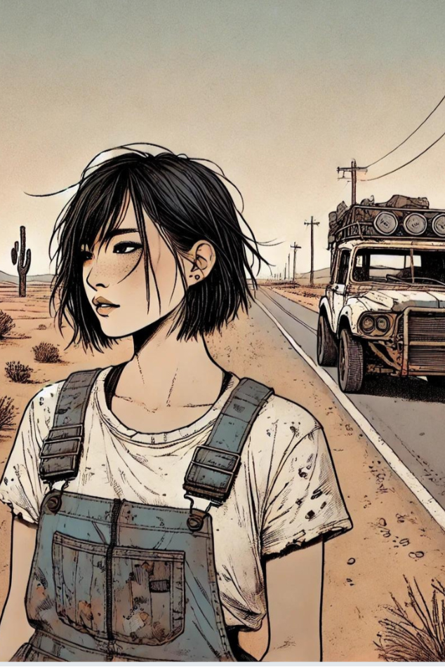 Comic-style illustration of a character named Miranda standing on a road with a truck in the background.