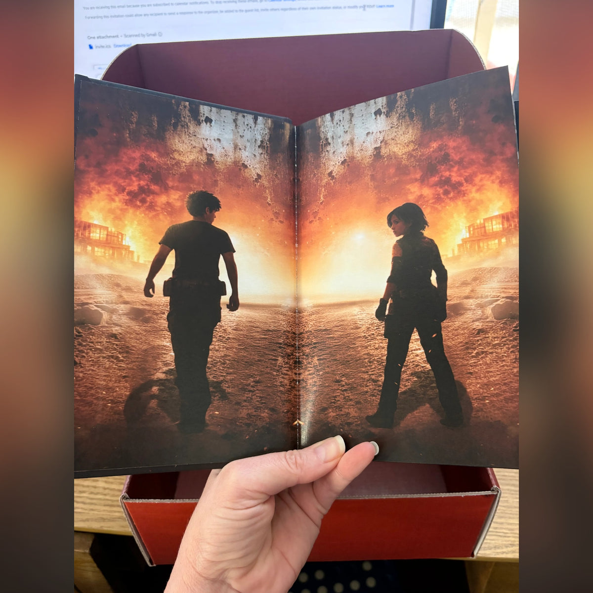 Full-color endpaper spread with Enzo and Maddie