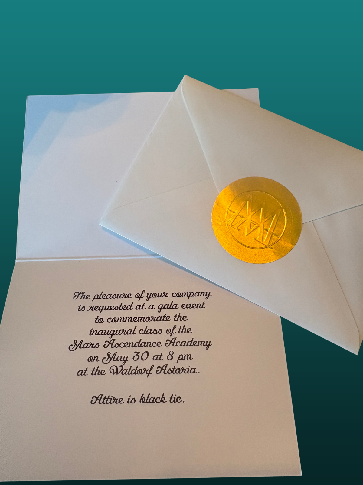 The Academy gala invitation from Mission X, with its gold seal